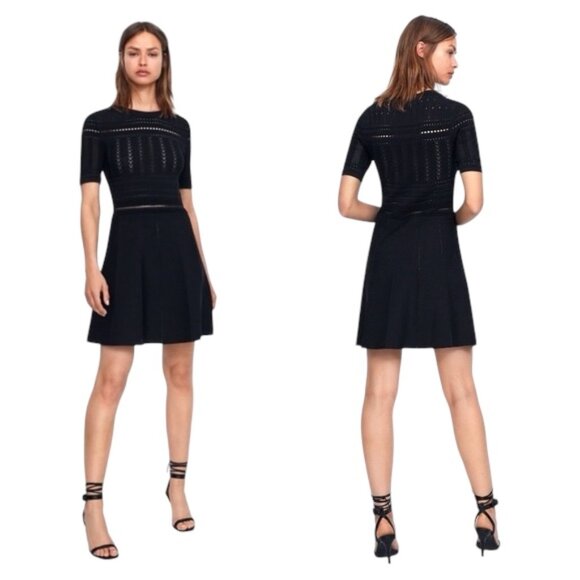 Zara Black Open Knit A-Line Dress Size Medium Cocktail Edgy Dark Academia - Picture 1 of 16